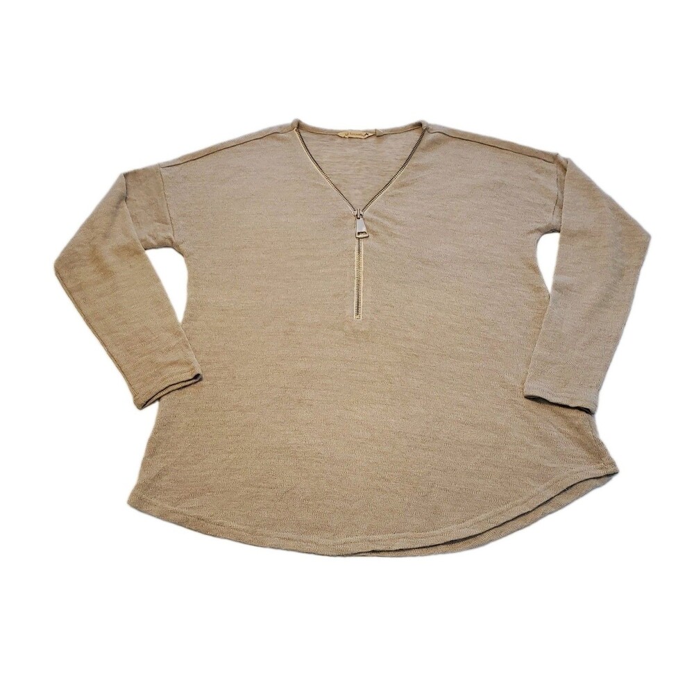 Soft Surroundings Sweater Womens Sz Large Valentina Beige 1/2 Zip Slub Knit